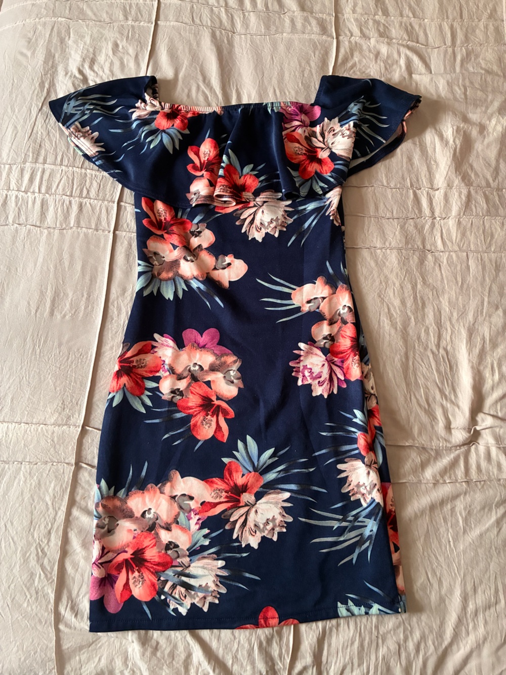 Navy Floral off-the-shoulder Ruffle Midi Dress